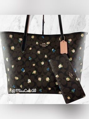NWT COACH City Tote Bag With Vintage Mini Rose Print & Slim Wallet Set